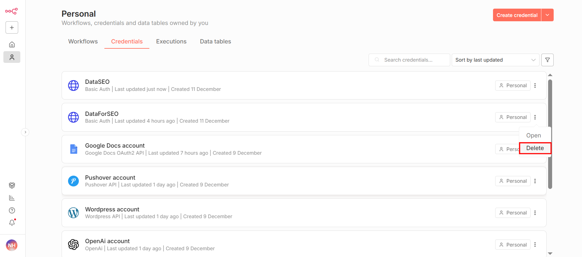 Hướng dẫn xóa Credential trong n8n
