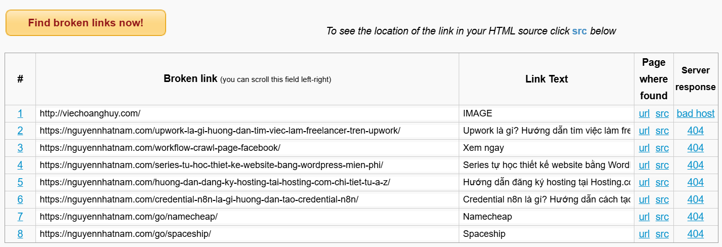 Kết quả kiểm tra lỗi 404 bằng Broken Link Checker