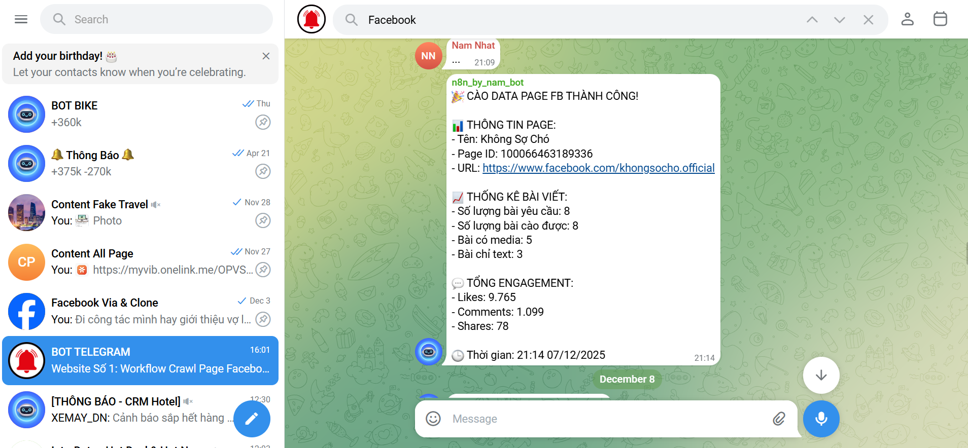 Thông báo kết quả sử dụng workflow Crawl Page Facebook