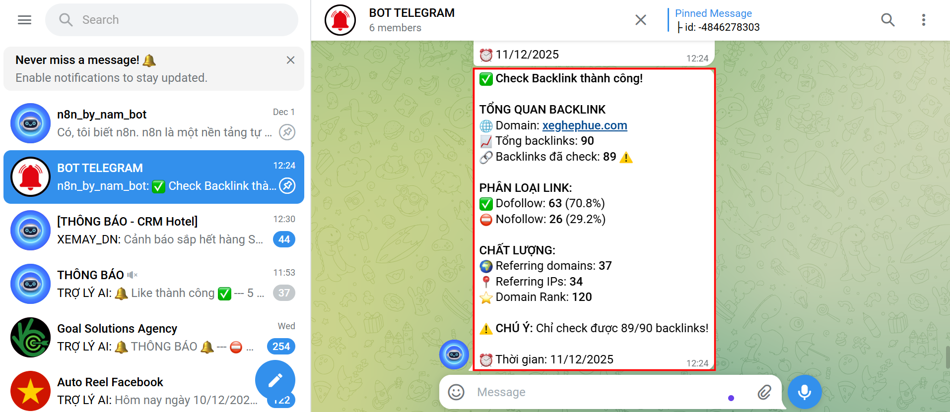 Kết quả phân tích backlink được thông báo vào Telegram